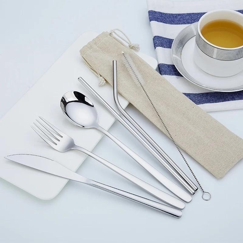 6 Ps/set Portable Outdoor Travel Dinneware Set 304 Stainless Steel Knife and Fork Spoon Straws Tableware Set