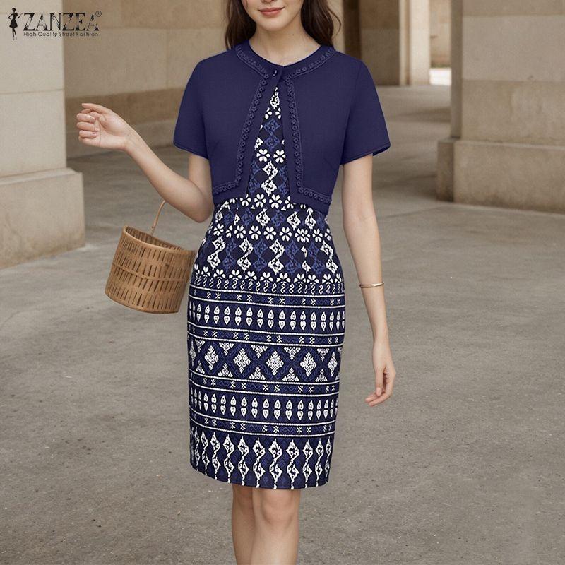 ZANZEA Women Casual Round Neck Short Sleeve Print Patchwork Dress