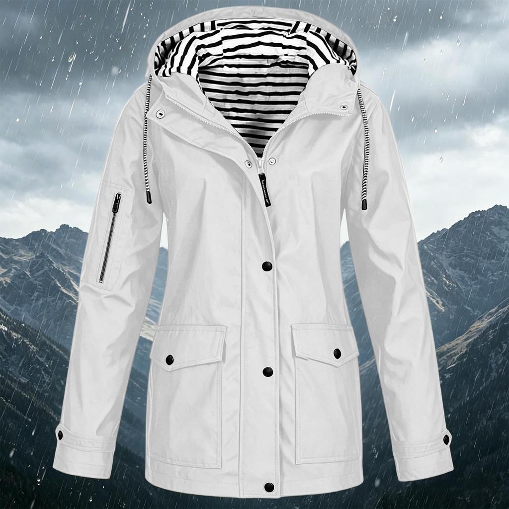 Women's Fashion Solid Color Hooded Loose Casual Waterproof Outdoor Jacket Lightweight Windbreaker Raincoat for Hiking Camping