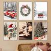 Winter Forest Snow Scene Red Truck Wall Art Poster Christmas Tree Gingerbread Man Holiday Canvas Painting for Bedroom Decoration