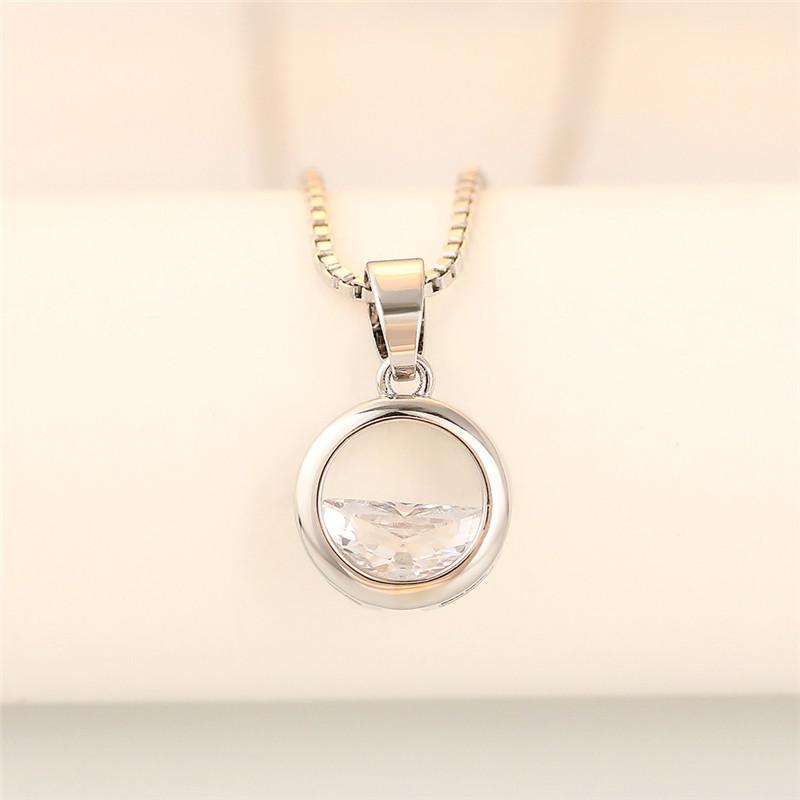 Silver Hollow Round Half Inlaid Cubic Zircon Pendant Necklace Minimalist Dainty Box Chain Women Daily Jewelry