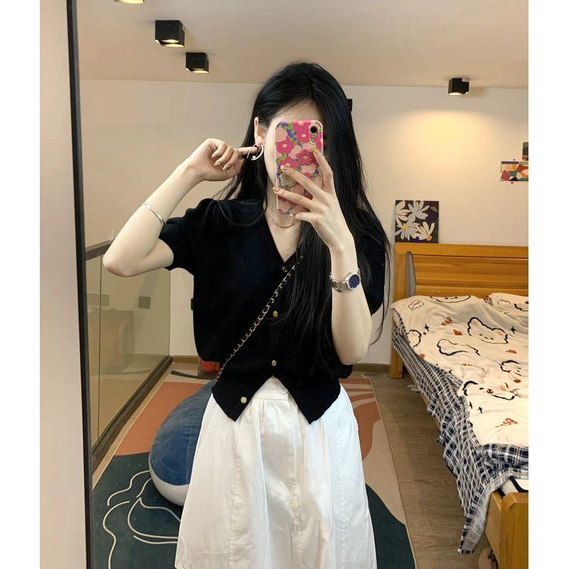 

Classic Style Waist Trimming Short-Sleeved Women s Summer V-neck Thin Shirt Black L Recommended 55.00 kg-60.00 kg