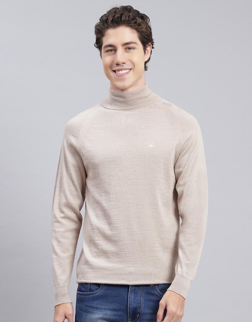 MONTE CARLO Mens Solid Beige High Neck Full Sleeve Pullover