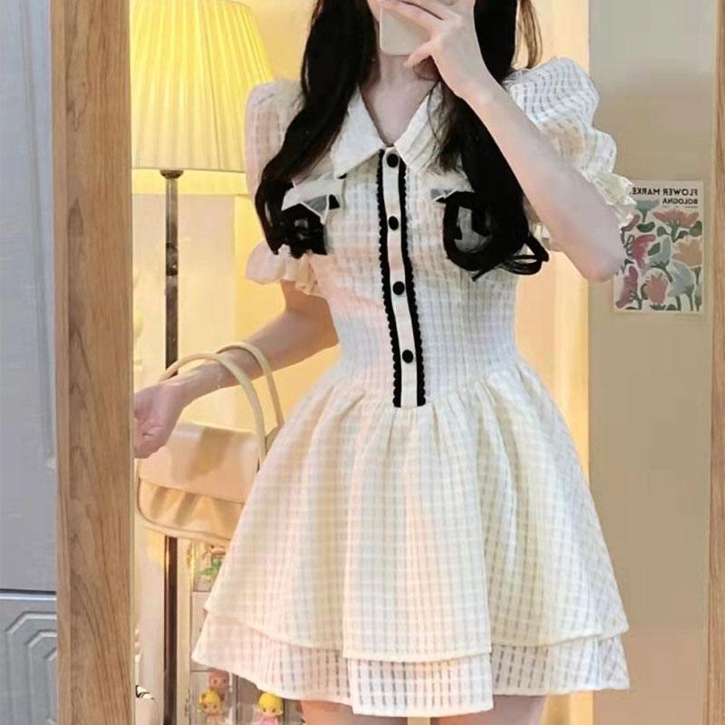 Hotsweet Cupcake Dresses Fashion Lace Spliced Button Women's Sweet Bow Doll Collar Summer Thin A-Line Waist Mini Dress