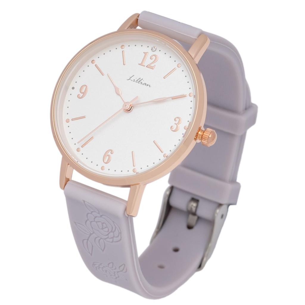 Fieldwork Analog Watch with Silicone Flower Embossed Rose Sail Women's Strap, Pattern, Purple, JN043-1