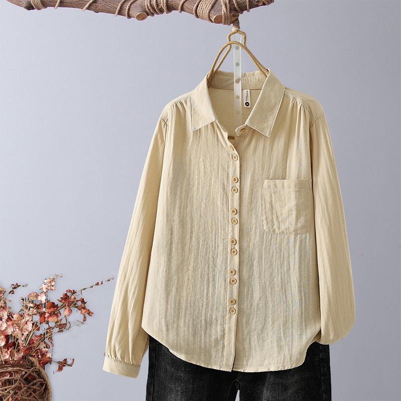 Pure cotton double-layer cotton yarn long-sleeved women's shirt, new loose casual style simple design lapel shirt top