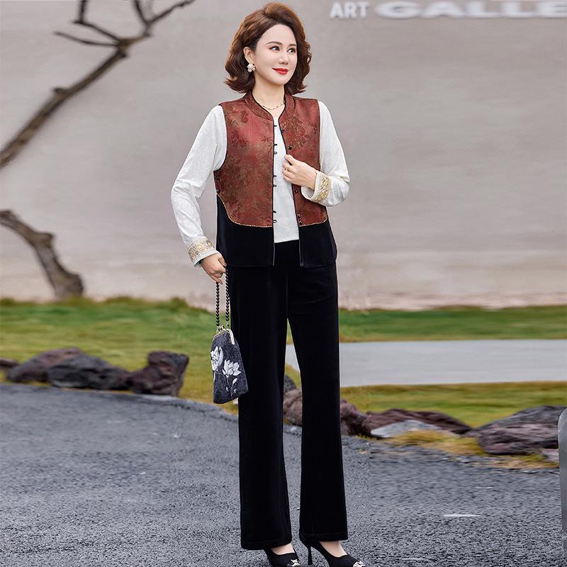 

Elegant Spring/Autumn Three-Piece Set: Stylish Chinese-Style Vest & Top for Middle-Aged Women 3XL [120-135 lbs]