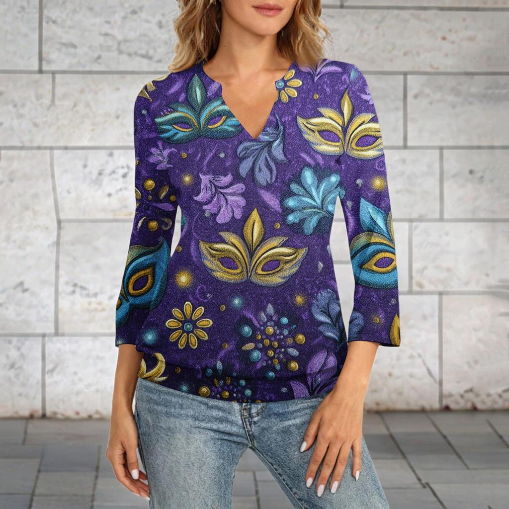 Women's 3/4 Sleeve Top With Cuffed Hem, V-Neck, Summer Casual -Shirt, Carnival Printed Top