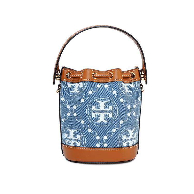 Tory Burch T Monogram Logo Drawstring Closure Washable Denim With Leather Trim Bucket Bag Mini Women Bags Multicolor 159638-960