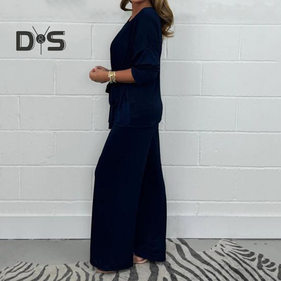 2 szt./zestaw damski top spodnie garnitur okrągły dekolt długie rękawy sznurowana plisowana bluzka elastyczny pas szerokie nogawki spodnie codzienne noszenie strój jesień wiosna dres