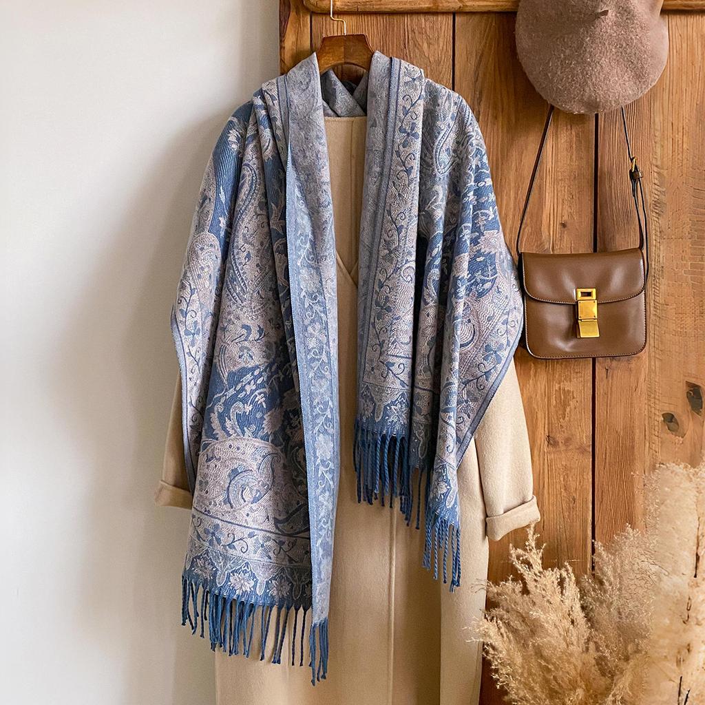 025 Imitation Cashmere Jacquard Scarf Shawl Fringed Retro Cashew Flower Ethnic Style Dual-use