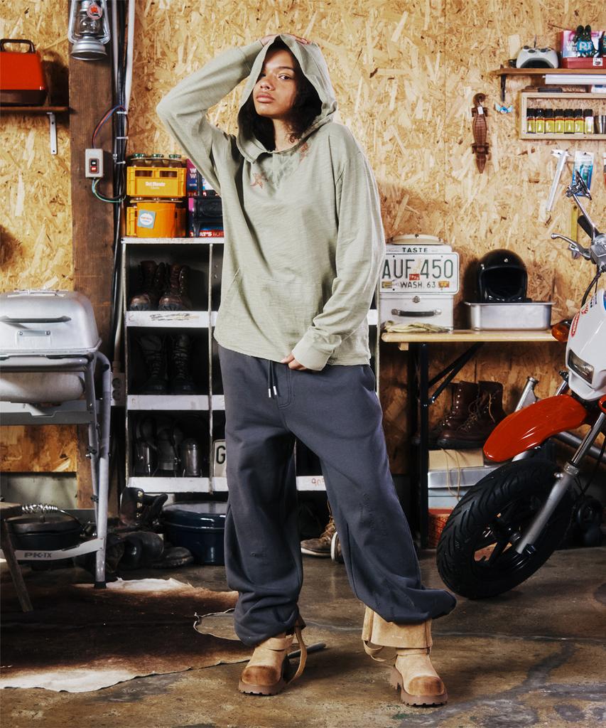 THEVINYLHOUSE Cut-Off Over Slub Hoodie Ls Tee (W) Khaki