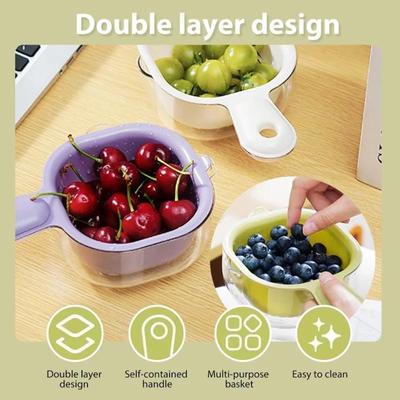 2 In 1 Rotatable Food Draining Basket with Handle Fruit Strainer Colander for Washing Berries Salad Vegetable BPA-free Durable