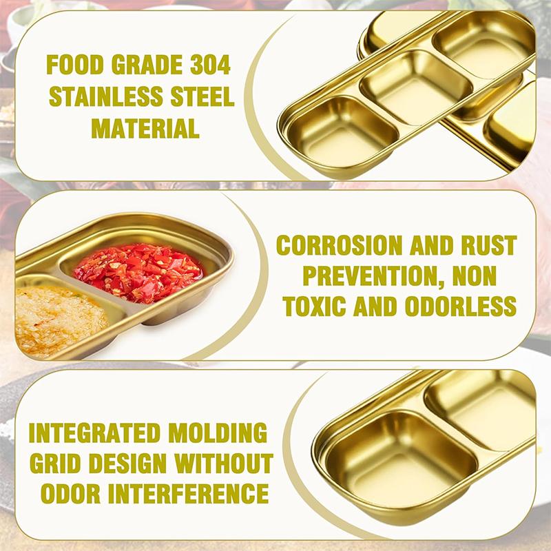 2pcs Stainless Steel Sauce Dish 4 Grids Divided Dipping Plates Seasoning Sauce Dip Bowl Vinegar Soy Spice Condiment Tray