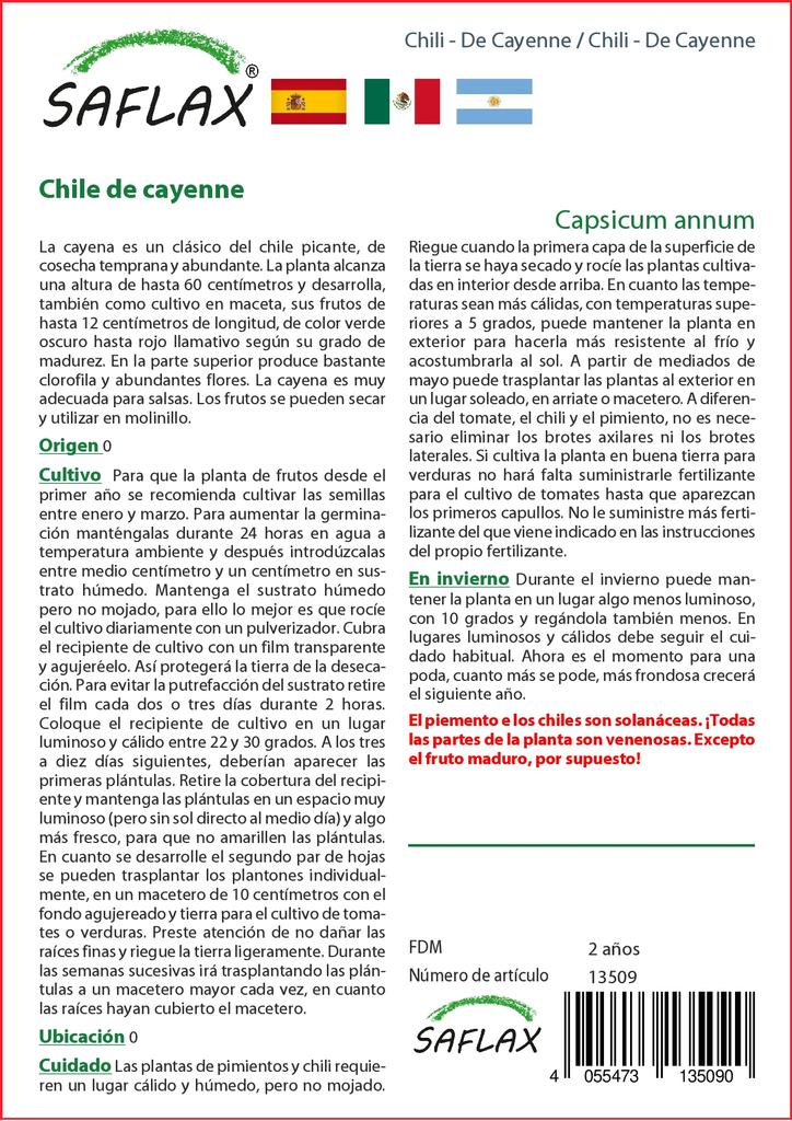 SAFLAX Garden In the Bag - Chili - De Cayenne - 20 Seeds - With Substrate In a Fitting Stand Up Bag - Capsicum Annum