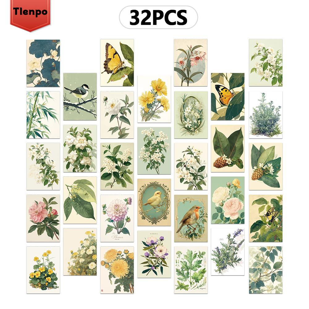 32pcs, Green Butterflies, Birds and Plants Postcards, Mailing Cards, Greeting Cards, DIY Cards, Souvenir Postcards, Decorations