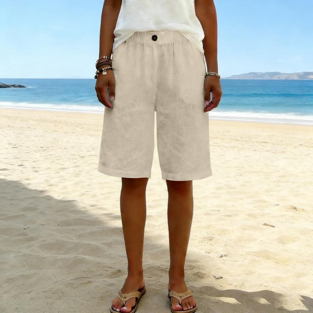 Women's Fashionable Color Elastic Waist Pocket Casual Loose Cotton And Linen  Five Quarter Shorts