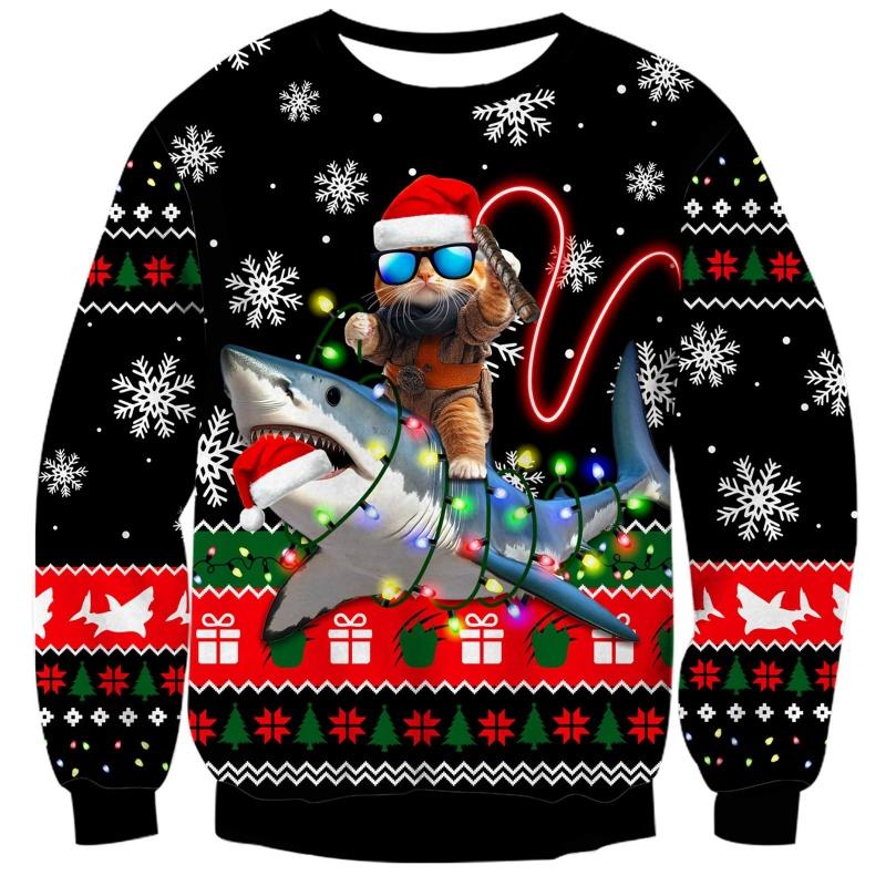 Santas Reindeer Pattern Sweatshirts For Men Women Dinosaur Cat 3D Print Pullover Festival Party Hoodies Long Sleeves O-Neck Tops