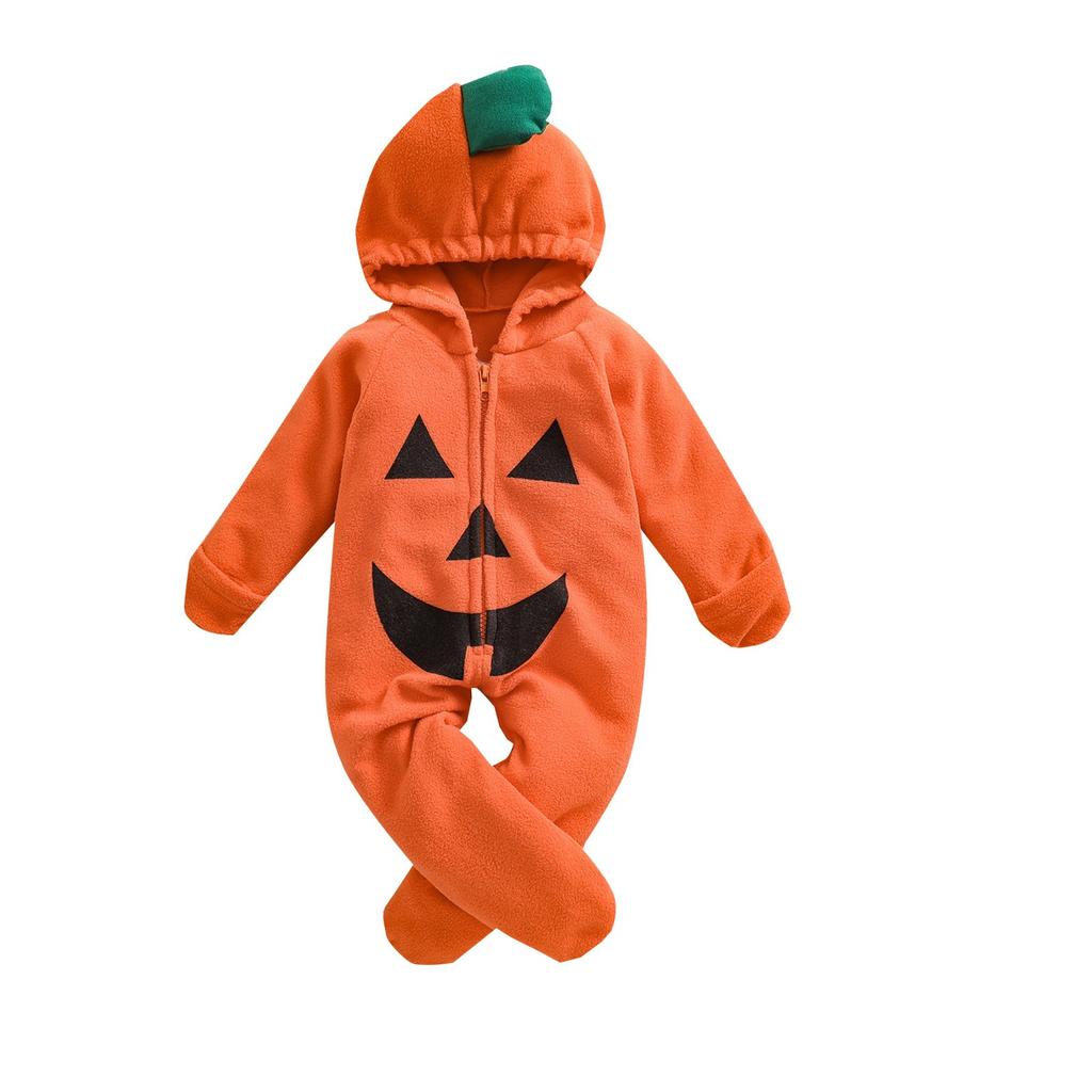 Children's Halloween Long-Sleeved Cushaw Shape Hooded Foot-Covering Romper
