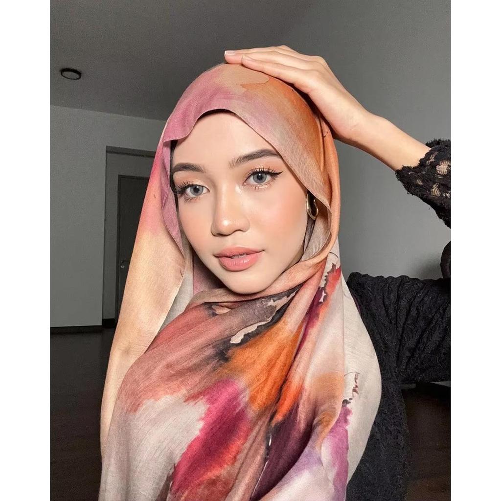 Watercolor Series Cotton Satin Printed Ethnic Headscarf Shawl for Women, 180x80CM.