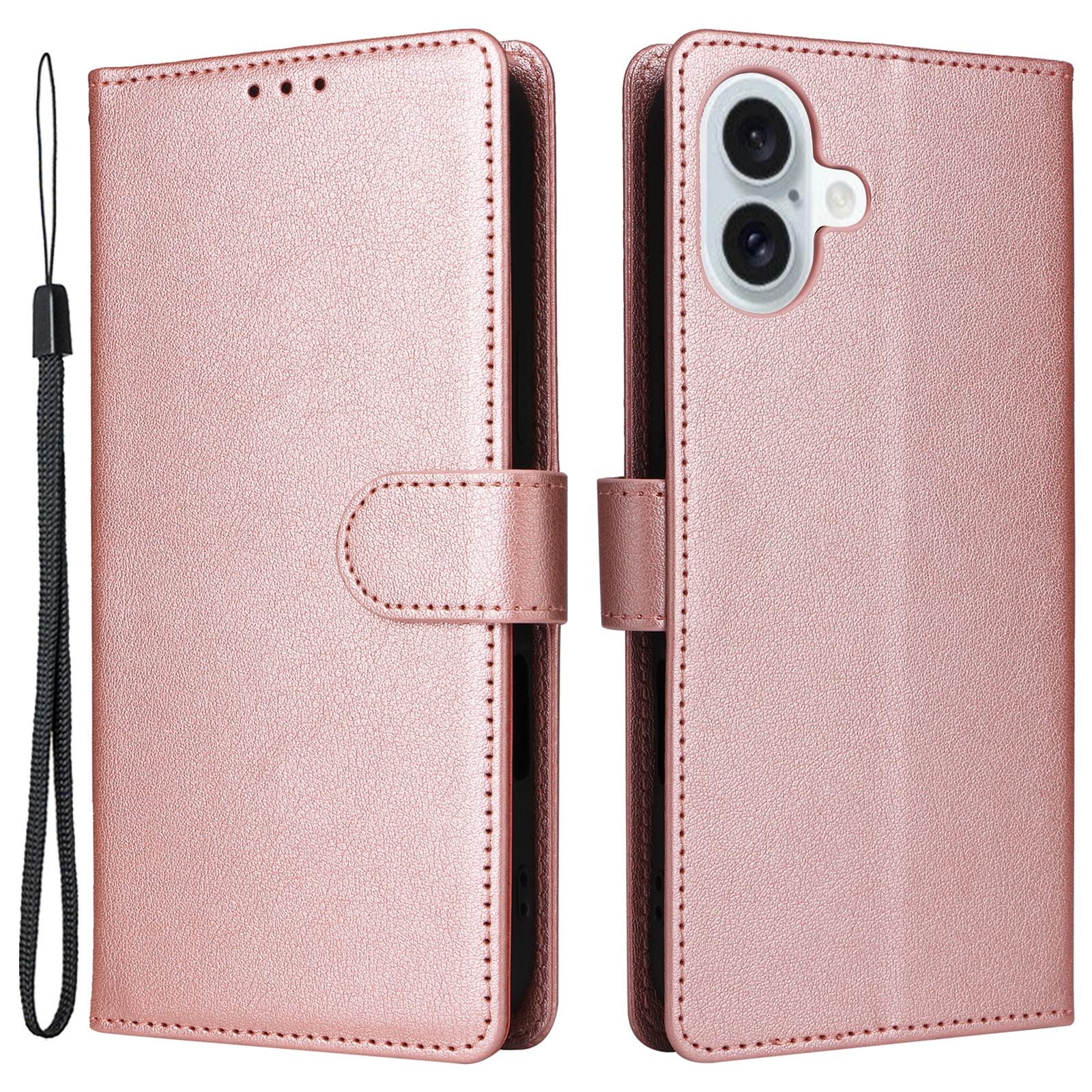 

For iPhone 16 Plus Wallet Case 3 Card Slots Slim-Fit PU Leather Stand Phone Cover Rose Gold