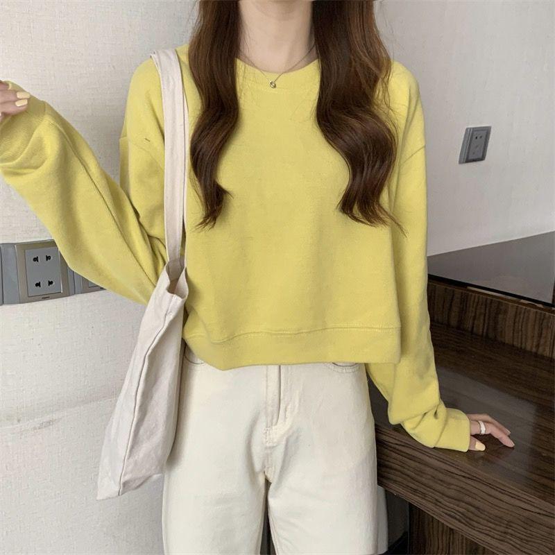 2024 Korean Style Women's Solid Color Hoodie: Fashionable, Loose, Long Sleeve, Round Neck, Short, Versatile Top for Spring/Autumn.