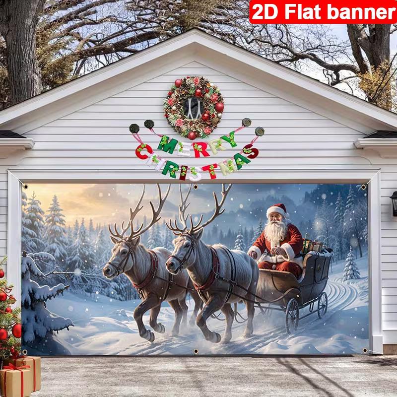 2D Winter Holiday Garage Cover, Santa's Sleigh Ride In Snow Photo Booth Background