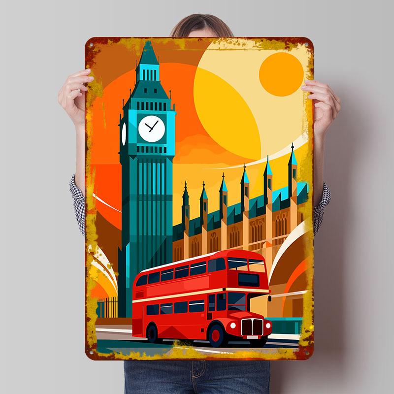 

London Scene With Bus and Big Ben Poster Customized Wall Art Vintage Metal Signs Retro Tin Plaque for Man Cave Gamer Decoration 20x30cm（7.8x11.8inch）