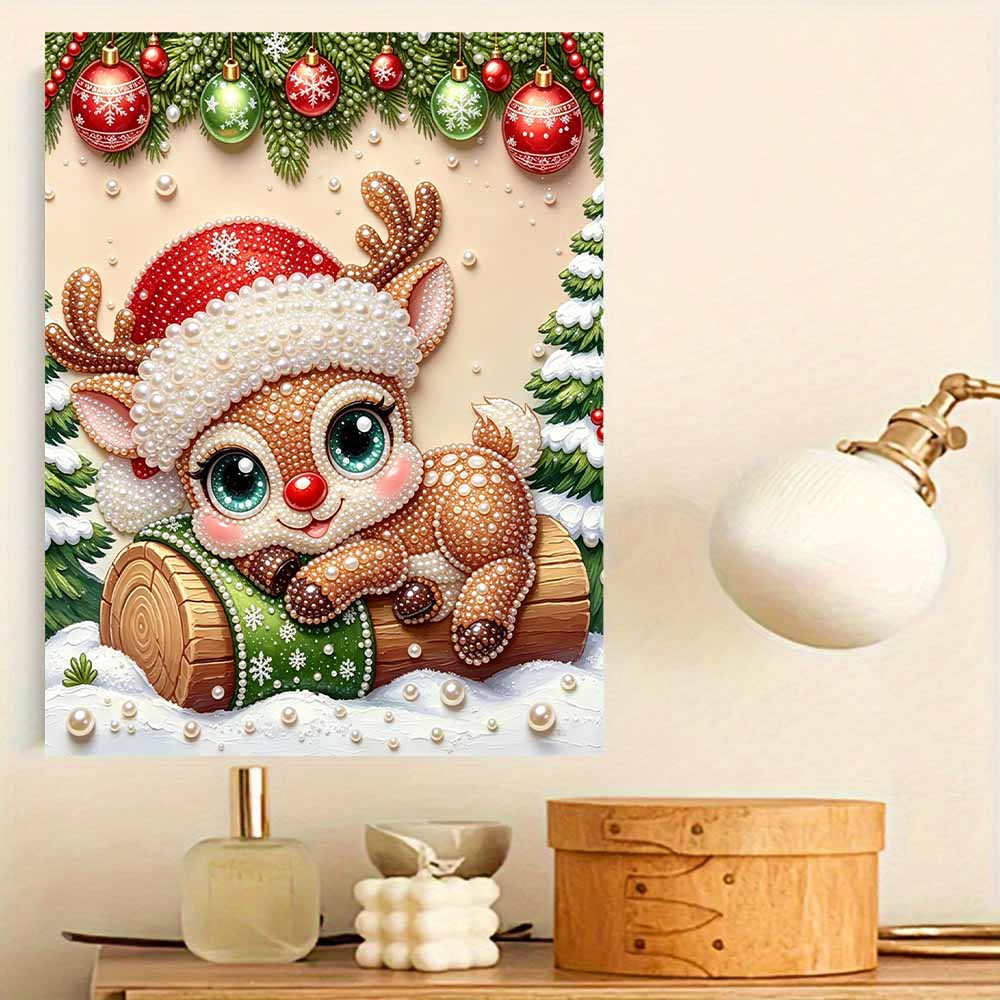 Frameless Pearl Bead Art Kit Adorable Reindeer DIY Shiny Canvas Painting Creative Gift for Craft Lovers Home Wall Decor