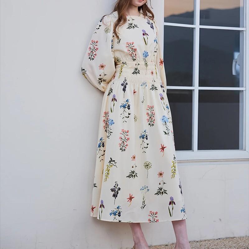 2026 Womens Elegant Floral Print Wrap Waist Long Sleeve A-Line Midi Dress Small белый