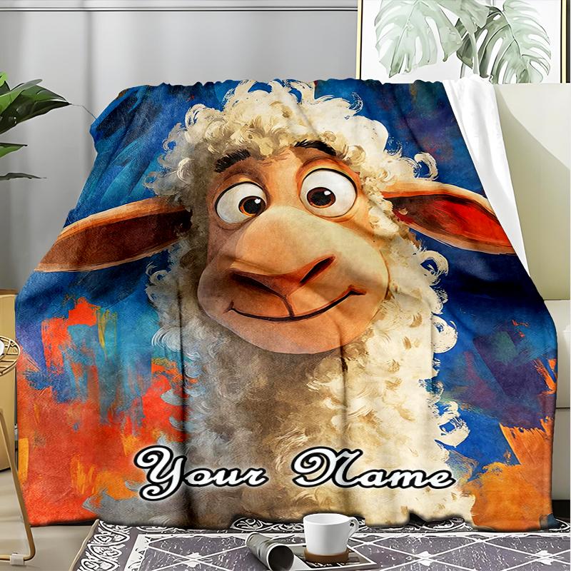 1PC Custom Name "Whimsical Sheep Portrait" outdooor Flannel blankets Patterns Throw Blanket All-Season Soft Gift for Couch, Bed, Camping gifts