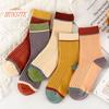 5 Pairs Women Candy Color Splicing Design Socks, Mid-tube Ribbed, Breathable, Sweat-absorbent, High Elastic
