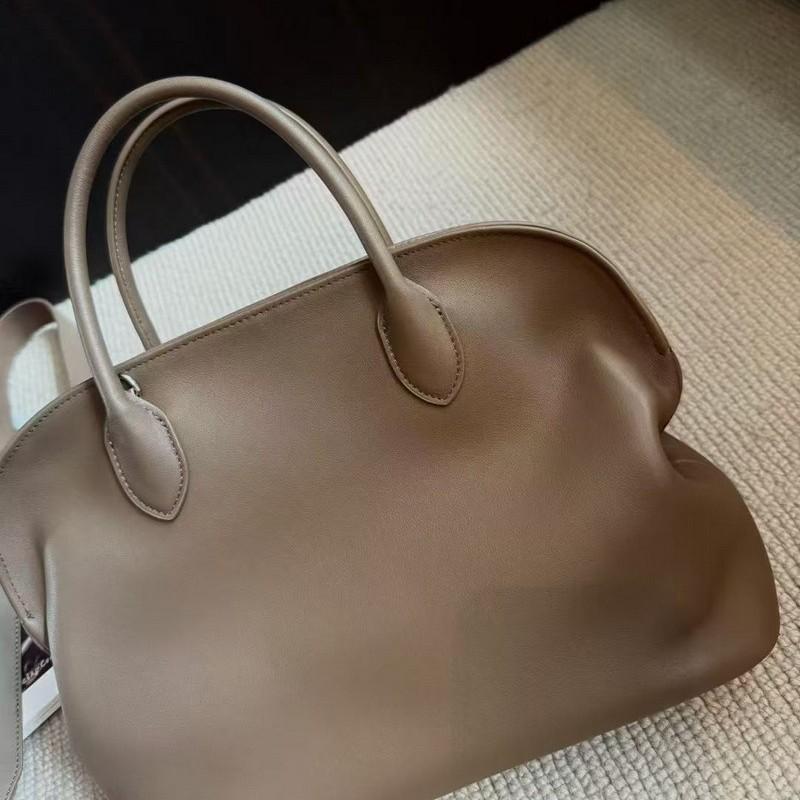 2025 New leather women's bag first layer swift leather pleated bowling light luxury large capacity portable shoulder bag