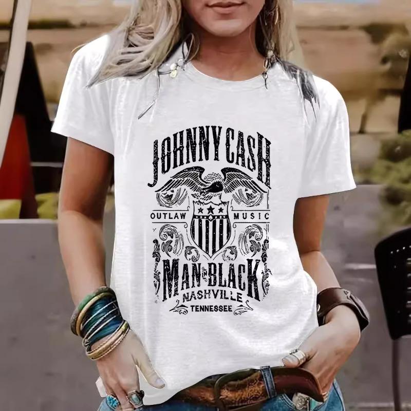 Women's Casual and Fashionable T-shirt with An Eagle Letter Pattern Round Neck and Short Sleeve