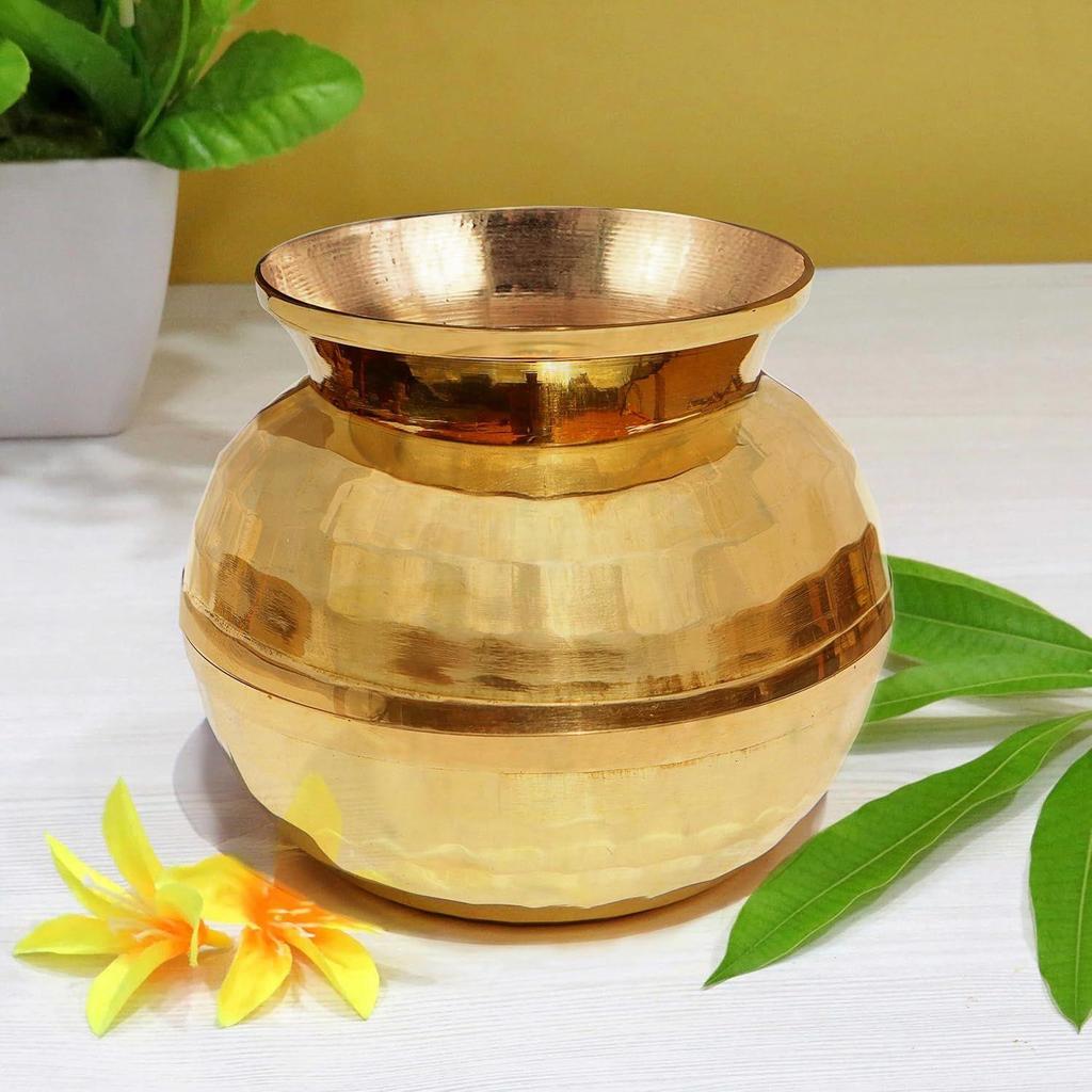 India Diamond Cut Brass Lota for Puja | Brass Kalash, 1000ml, 1 Piece (5.5 Inch - Gold)