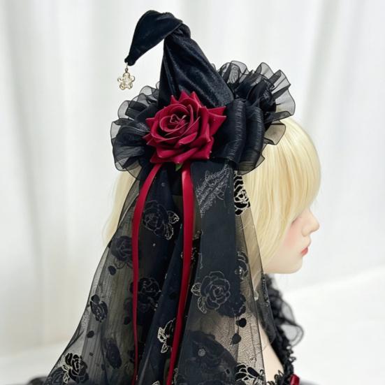 Holiday Atmosphere Props Halloween Witch Hat with Rose for Women, Gothic Vintage Mini Wizard Creative Headpiece Veil Costume, Dress Up, Masquerade