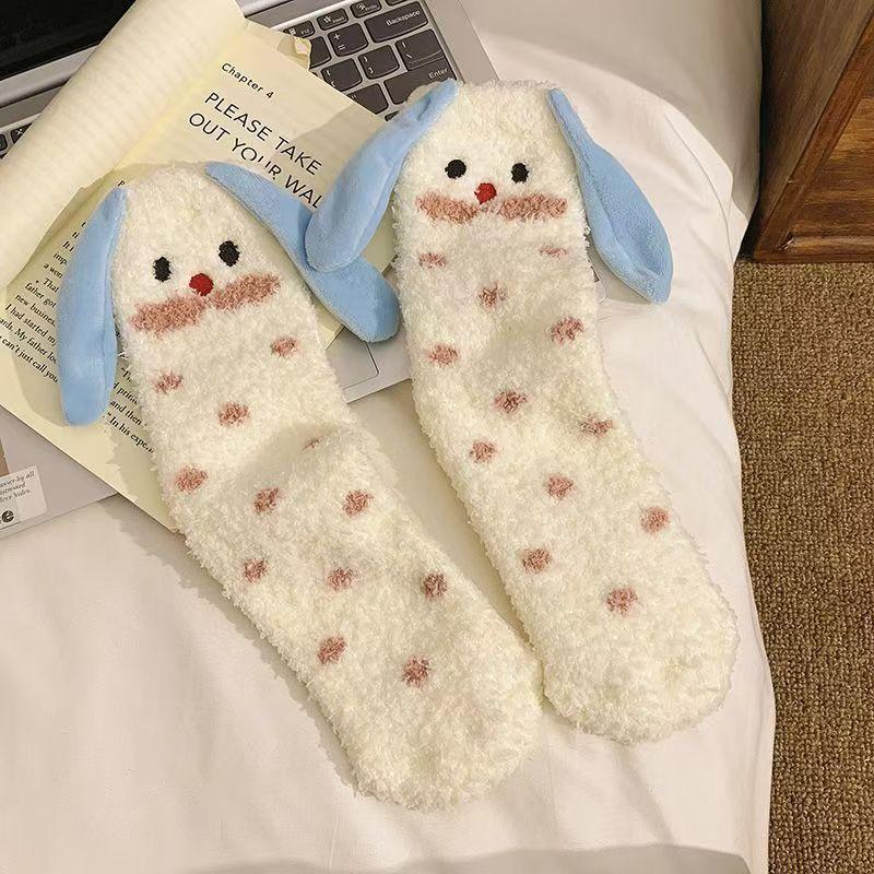 

Cute Puppy Dog Coral Fleece Socks Mid-Tube Socks Autumn Winter Plus Velvet Thickened Home Sleeping Floor Socks Warmer Socks Gift