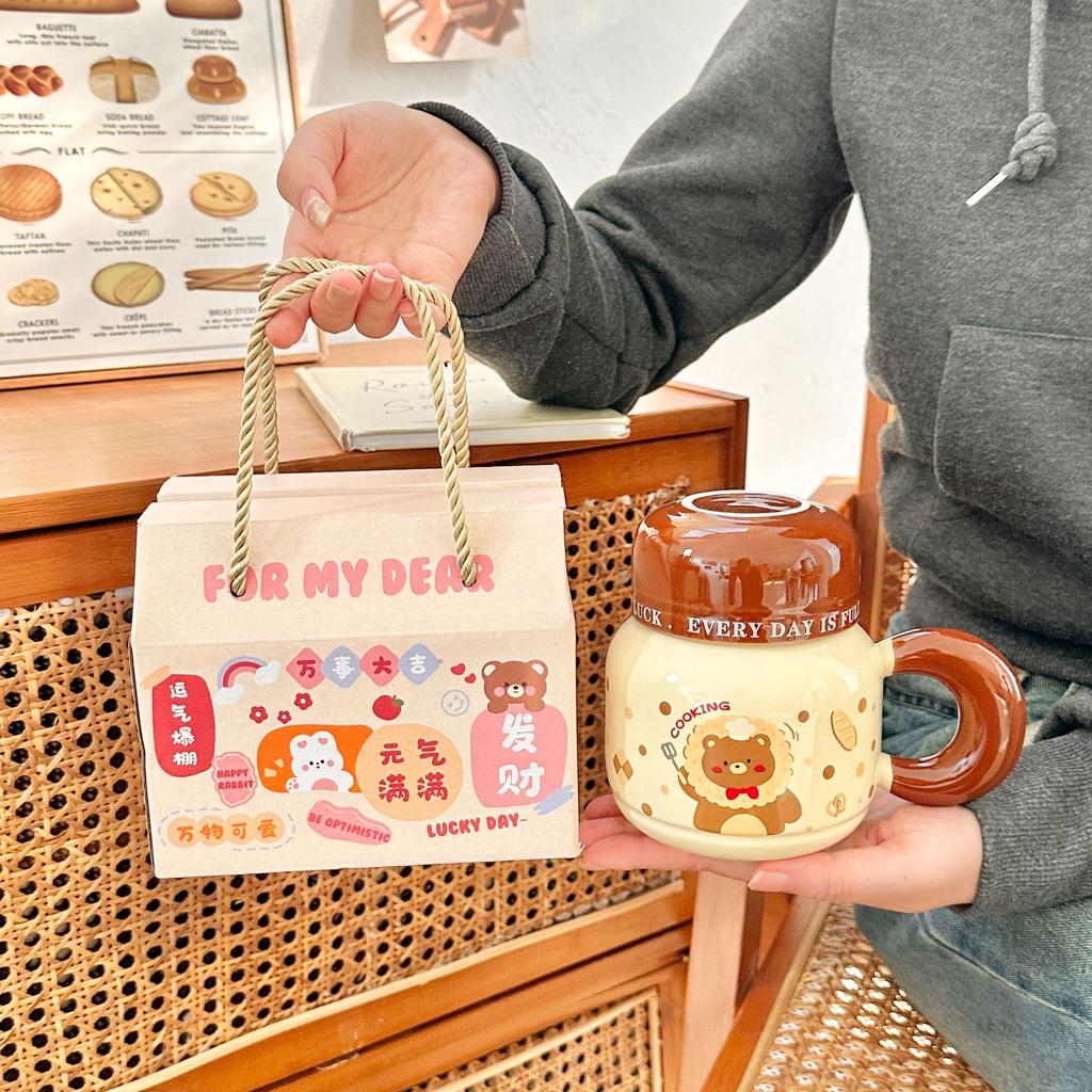 Milk fufu mug with lid cute ceramic cup girls couple water cup home coffee breakfast cup children