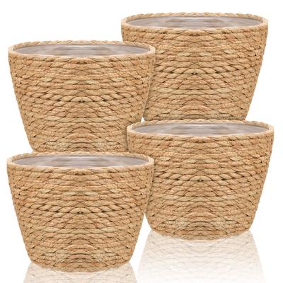 Haiabei 4 Stuks Riet Geweven Plantenmand Midden Premium Zeegras Plantenmand Met Plastic Bekleding Natuurlijk Stijlvol Plantenmanden
