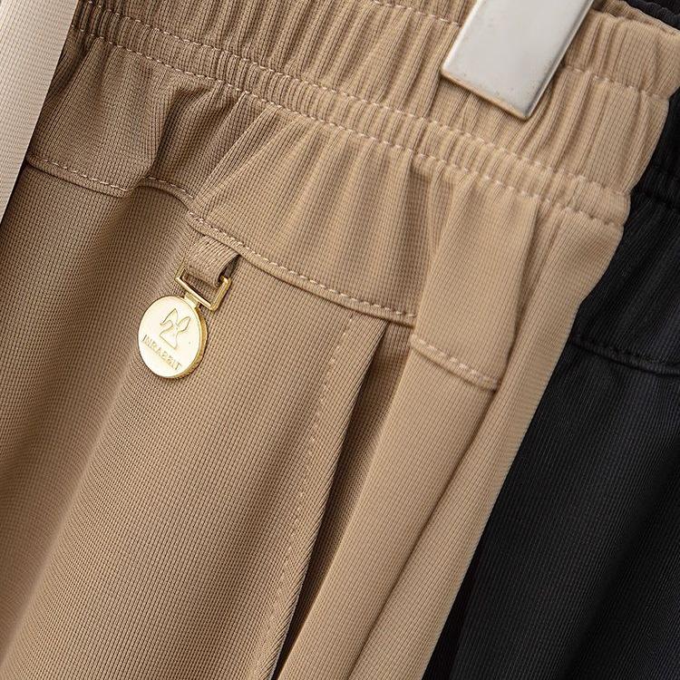 Summer High-Waist Ice Silk Casual Mom Pants: Loose, Elastic, Nine-Point Straight-Leg Style for Middle-Aged and Elderly Women