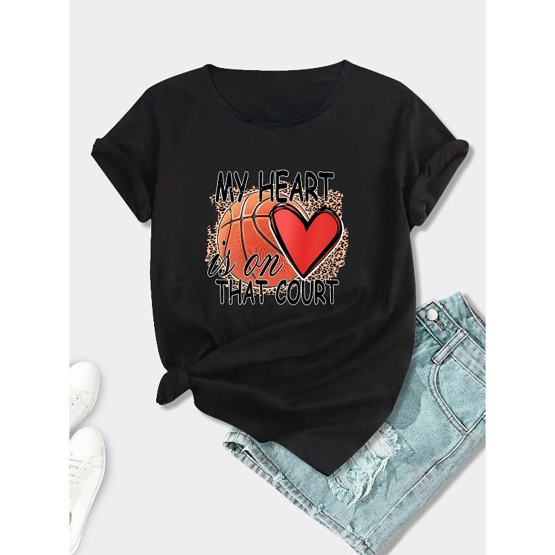 Women's Plus Size Y2K Style Basketball Heart Print T-Shirt – Comfy Loose Fit Casual CottonTee for Work, Home, or Outings