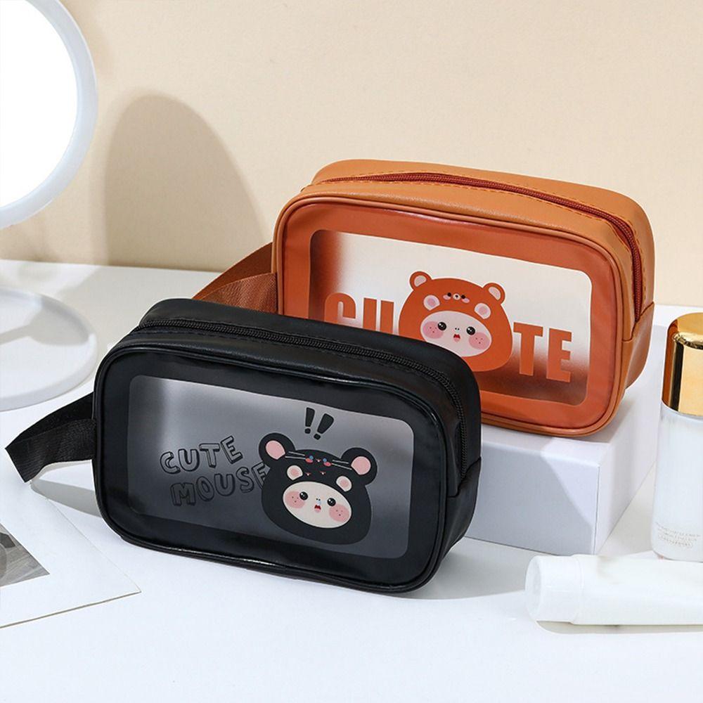 PU Makeup Bag Cartoon Large Capacity Cosmetic Storage Bag Wet-Dry Separation Transparent Travel Toiletry Pouch for Women Girls