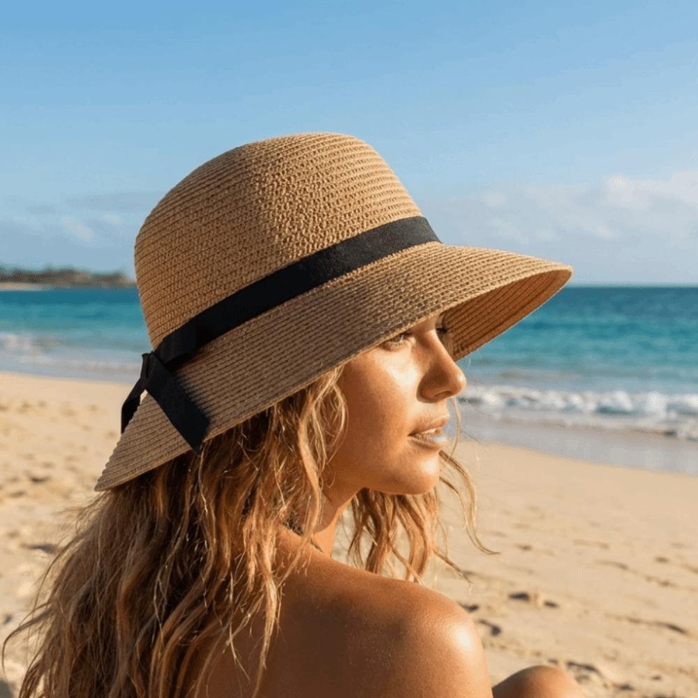 Portable Bow Straw Weave Sun Hat Wide Brim Bohemian Sunscreen Bucket Hat Face Slim Breathable Fisherman Hat Outdoor
