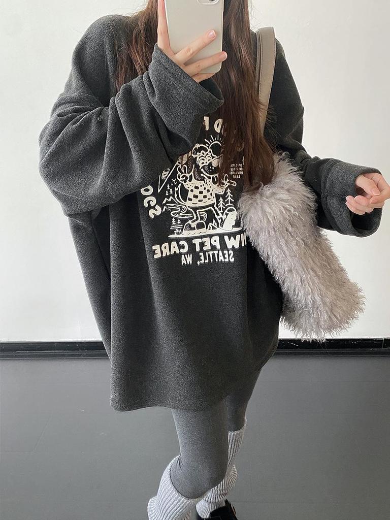 Trendy Plus Size Grey Printed Sweatshirt for Women - Long Sleeve, Round Neck, Loose Fit