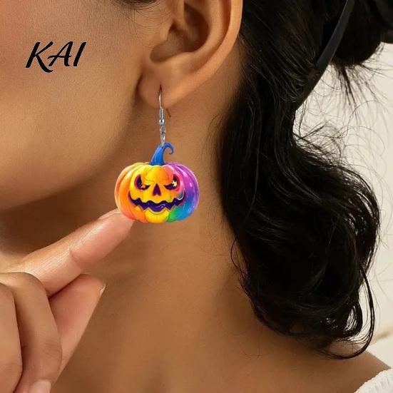 Sweet Cool Party Jewelry 1 Pair Halloween Earrings for Women, Colorful Pumpkin Dangle Non-fading Scratch-resistant Drop Earrings, Acrylic Gifts