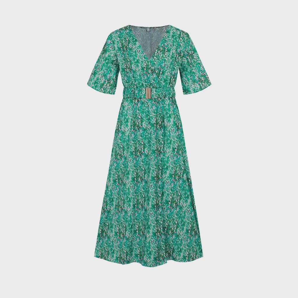2023 Summer V-Neck Belted Print Long Dress