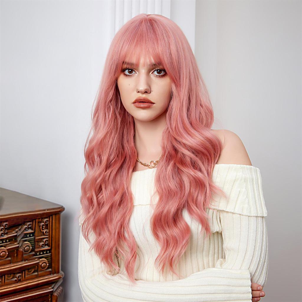 ALAN EATON Růžová syntetická paruka Dlouhé vlnité paruky s ofinou Lolita Cosplay paruky pro ženy Vlákno odolné vůči teplu Paruky z přírodních vlasů