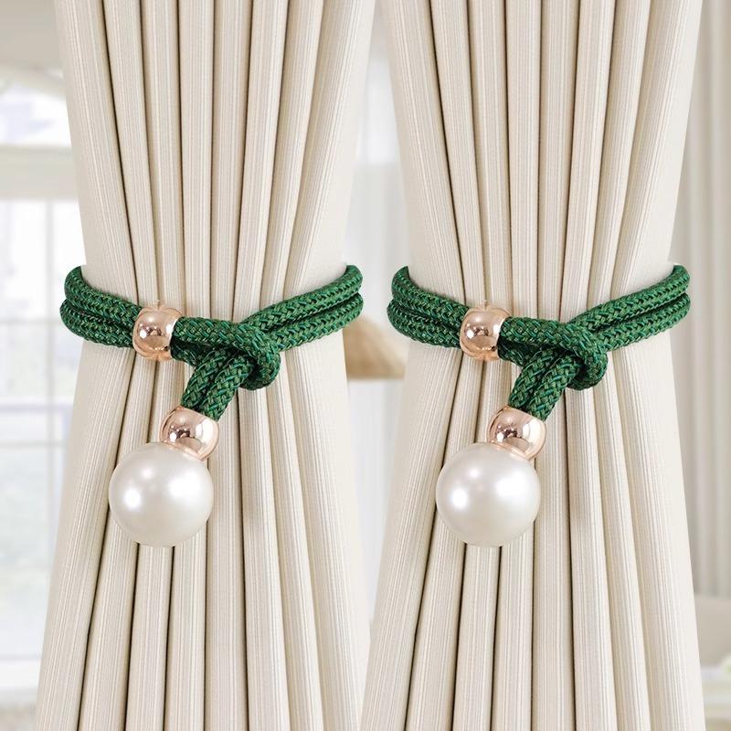 2Pcs Pearl Curtain Tiebacks, Curtain Pearl Tiebacks, Decorative Fixings, Rope Curtain Tiebacks No Punch Adjustable Pull-Outs