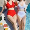 2023 Women's Solid Color Push-Up Bikini Set: Hard Cup Top & High Waist Bottoms