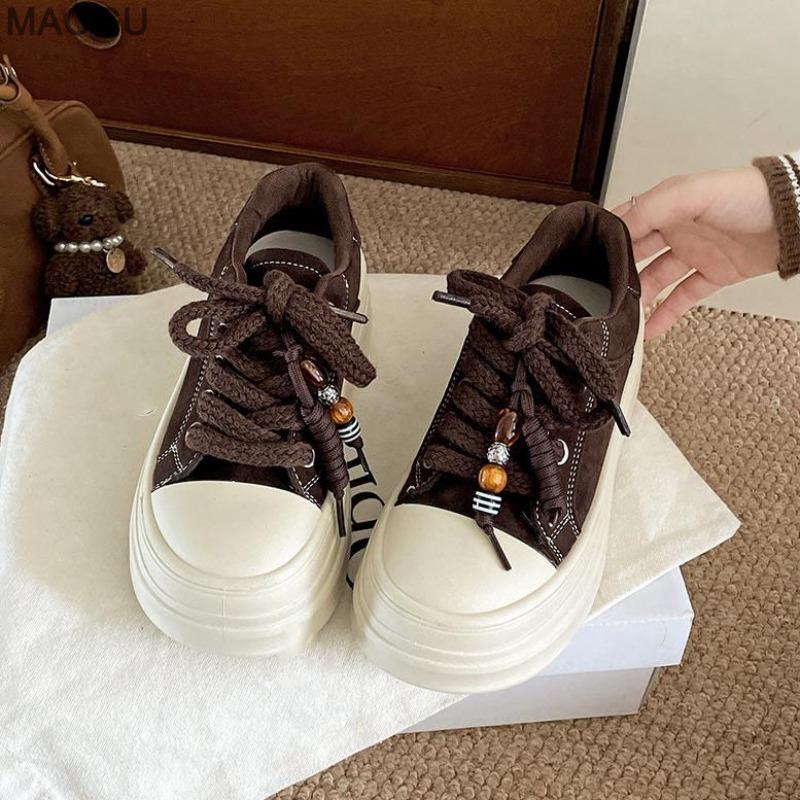 

Retro Chunky Sole Brown Sneakers Women Autumn Casual Platform Shoes Vintage Lace Up Comfortable Daily Footwear Fashion Sneakers 40 кавовий